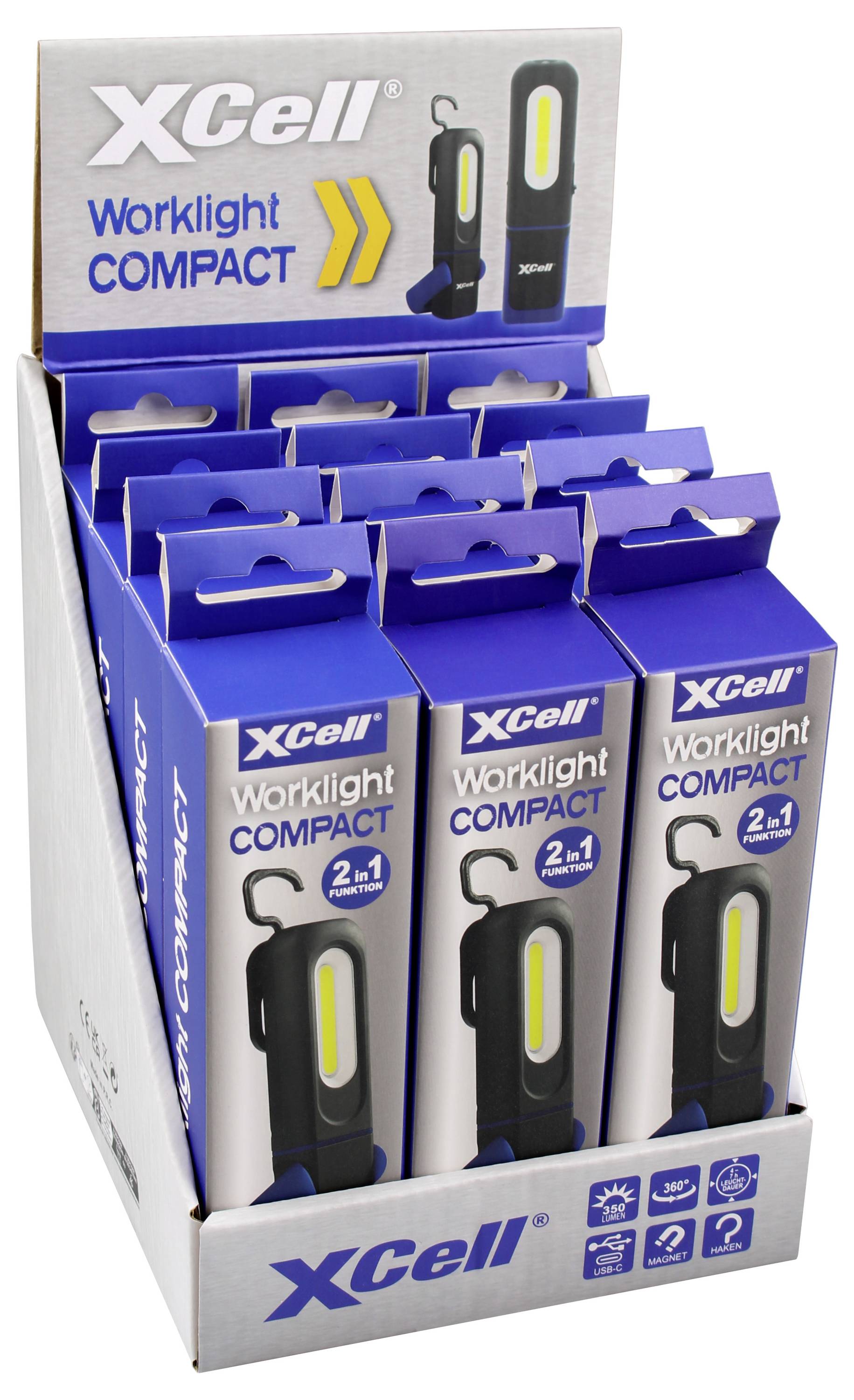 # Zobrazovacia krabica s viacerými balíčkami „XCell Worklight COMPACT 2-in-1" s prenosným pracovným svetlom.