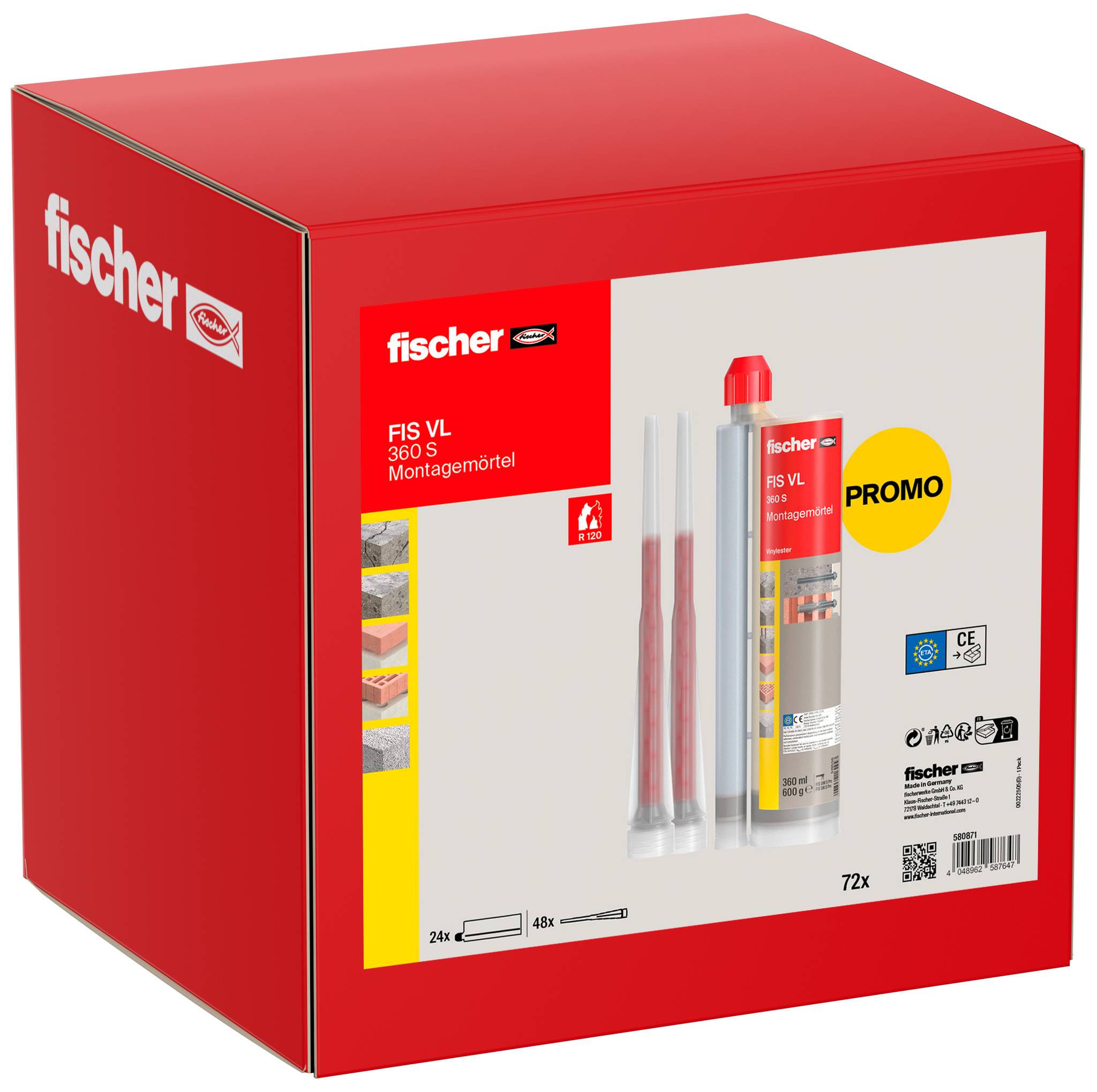 Červená krabica na balenie Red Fischer pre „FIS VL 360 S" montážnu malty s kartuší, miešacími hubicami a označením „PROMO".