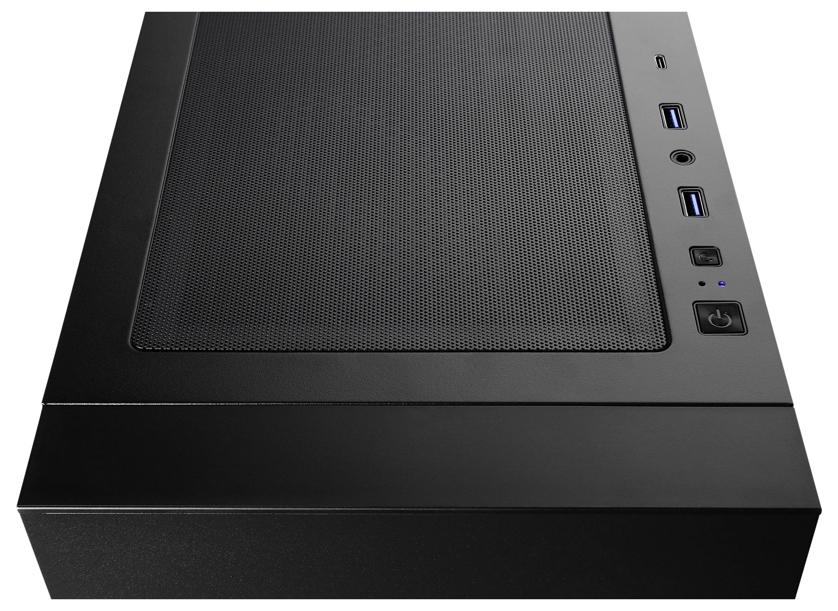 Čierny panel počítačovej skrine s USB portami, tlačidlom napájania a ventilačnou mriežkou na vrchole.