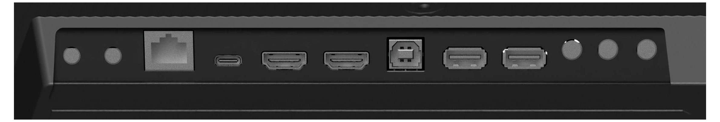 'Panel portov monitora zobrazujúci porty Ethernet, USB-C, HDMI, USB-B a dva porty USB-A, s tlačidlami napájania a ponuky napravo.'