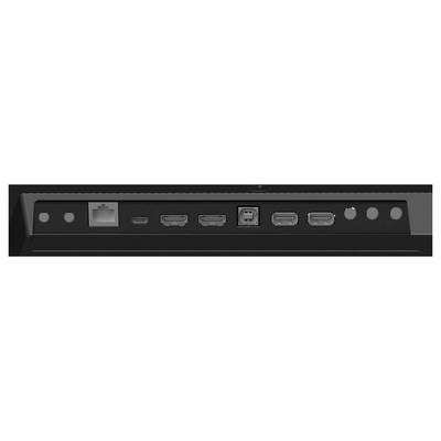 'Panel portov monitora zobrazujúci porty Ethernet, USB-C, HDMI, USB-B a dva porty USB-A, s tlačidlami napájania a ponuky napravo.'