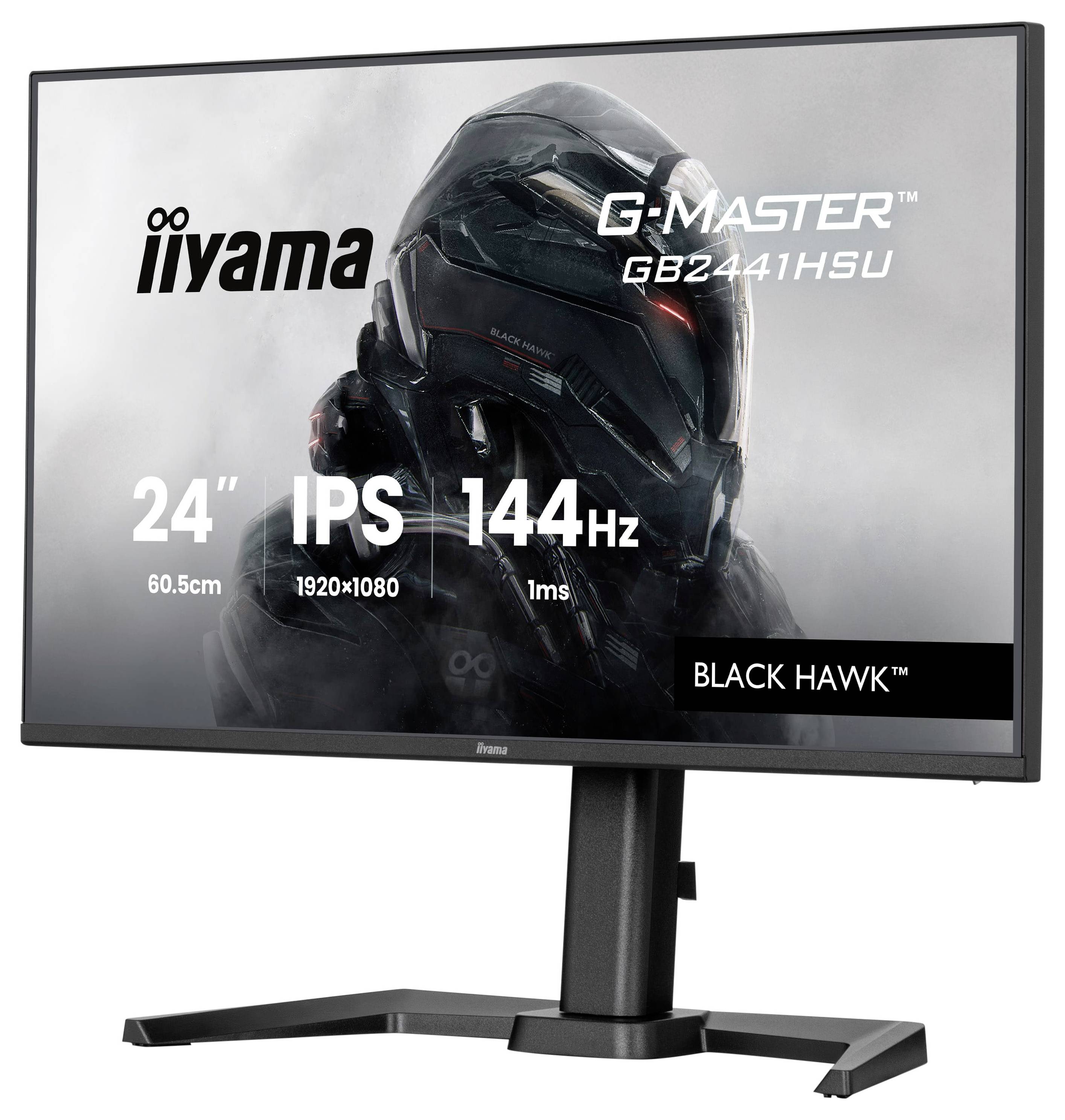 Počítačový monitor zobrazujúci "iiyama G-Master GB2441HSU 24" IPS 144Hz Black Hawk", ktorý naznačuje vlastnosti ako je doba odozvy 1ms a rozlíšenie 1920x1080.
