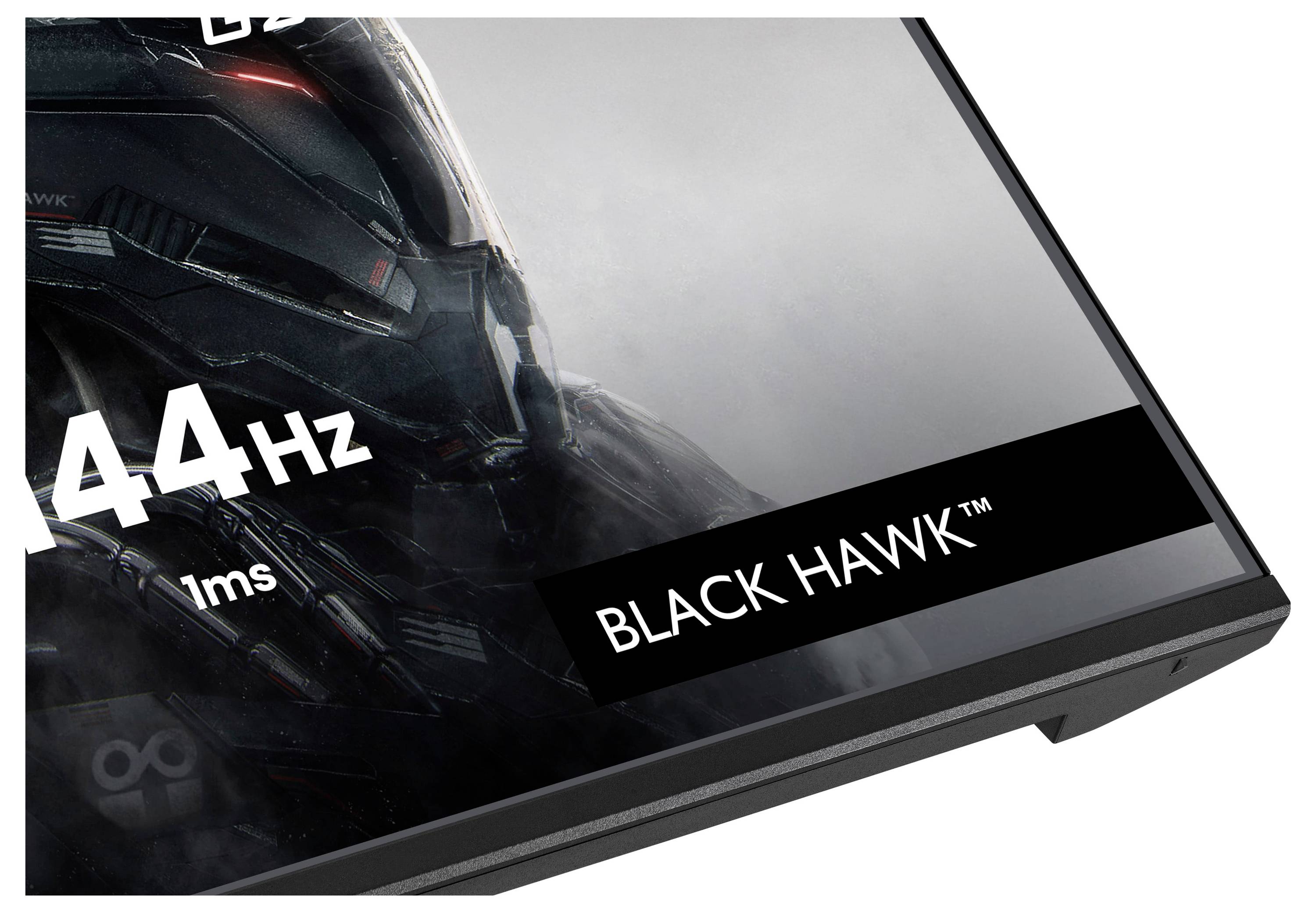 Obrazovka herného monitora zobrazujúca špecifikácie: "144 Hz", "1 ms" a "BLACK HAWK™" s futuristickým dizajnom prilby v pozadí.