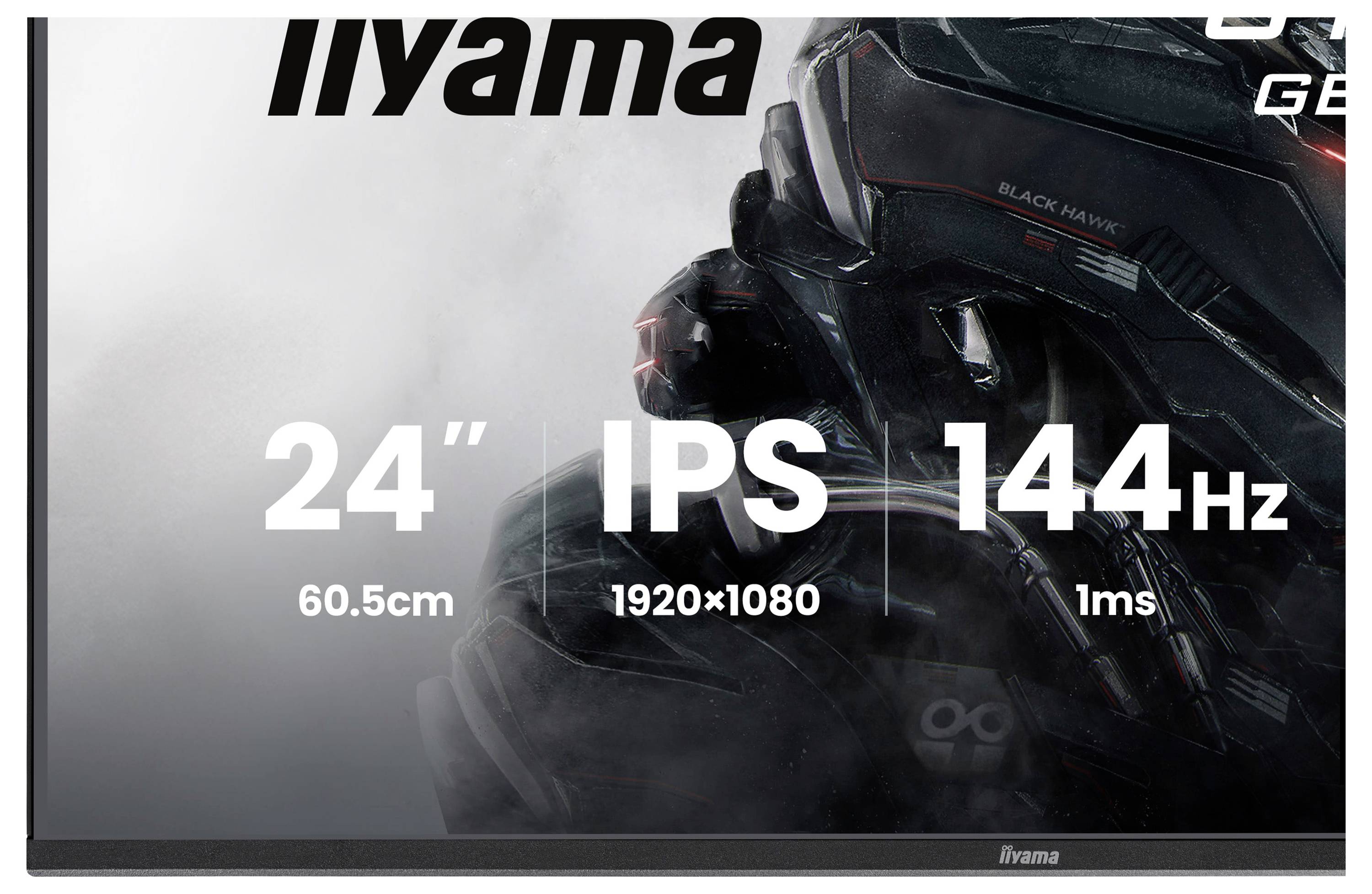 Iiyama monitor s parametrami "24" IPS 1920x1080 144Hz 1ms" zobrazenými na displeji, s podrobným obrázkom pancierovanej postavy v pozadí.