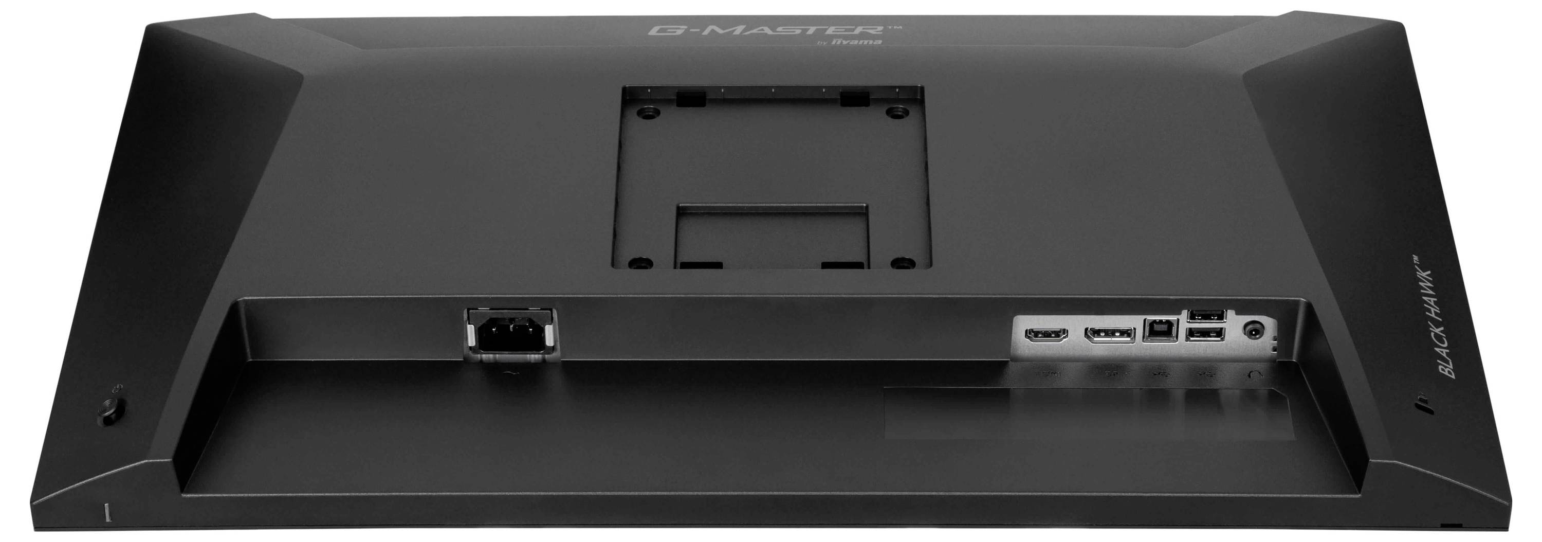 Obrázok znázorňuje zadnú stranu monitora G-Master. Obsahuje rôzne porty, ako sú HDMI, DisplayPort a USB, ktoré sa nachádzajú v spodnej časti vpravo.