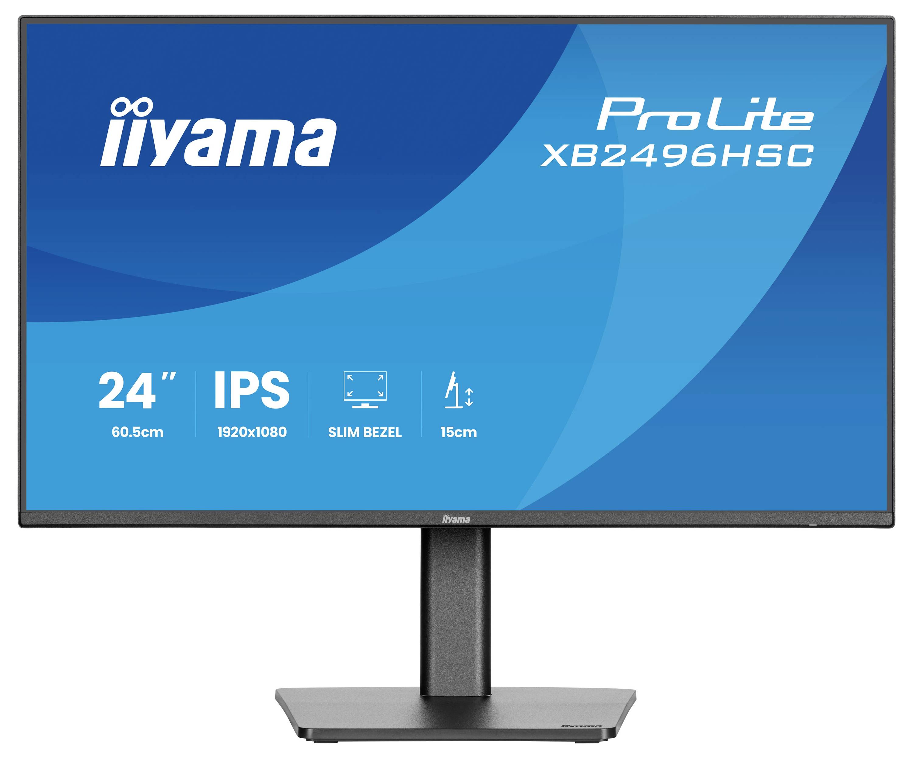 Monitor zobrazujúci 'iiyama ProLite XB2496HSC', funkcie zahŕňajú '24" obrazovka, IPS panel, rozlíšenie 1920x1080, tenký rám, 15cm'.
