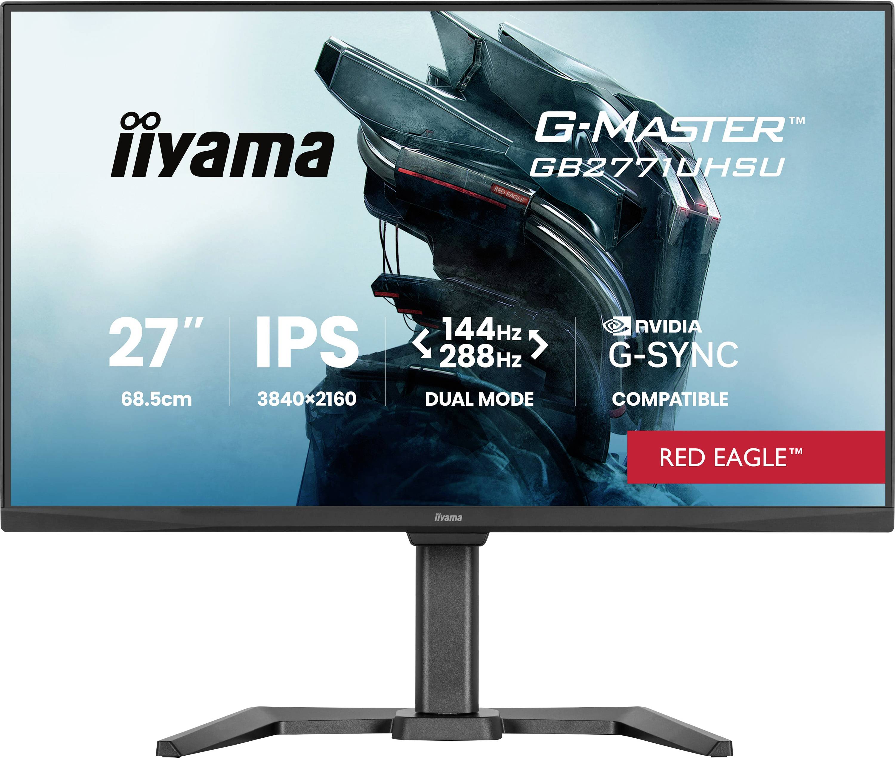 Monitor s počítačom predstavujúci branding a špecifikácie, s robotickým pozadím. Kľúčové vlastnosti: veľkosť 27 palcov, 4K IPS, 144Hz, podpora G-Sync.