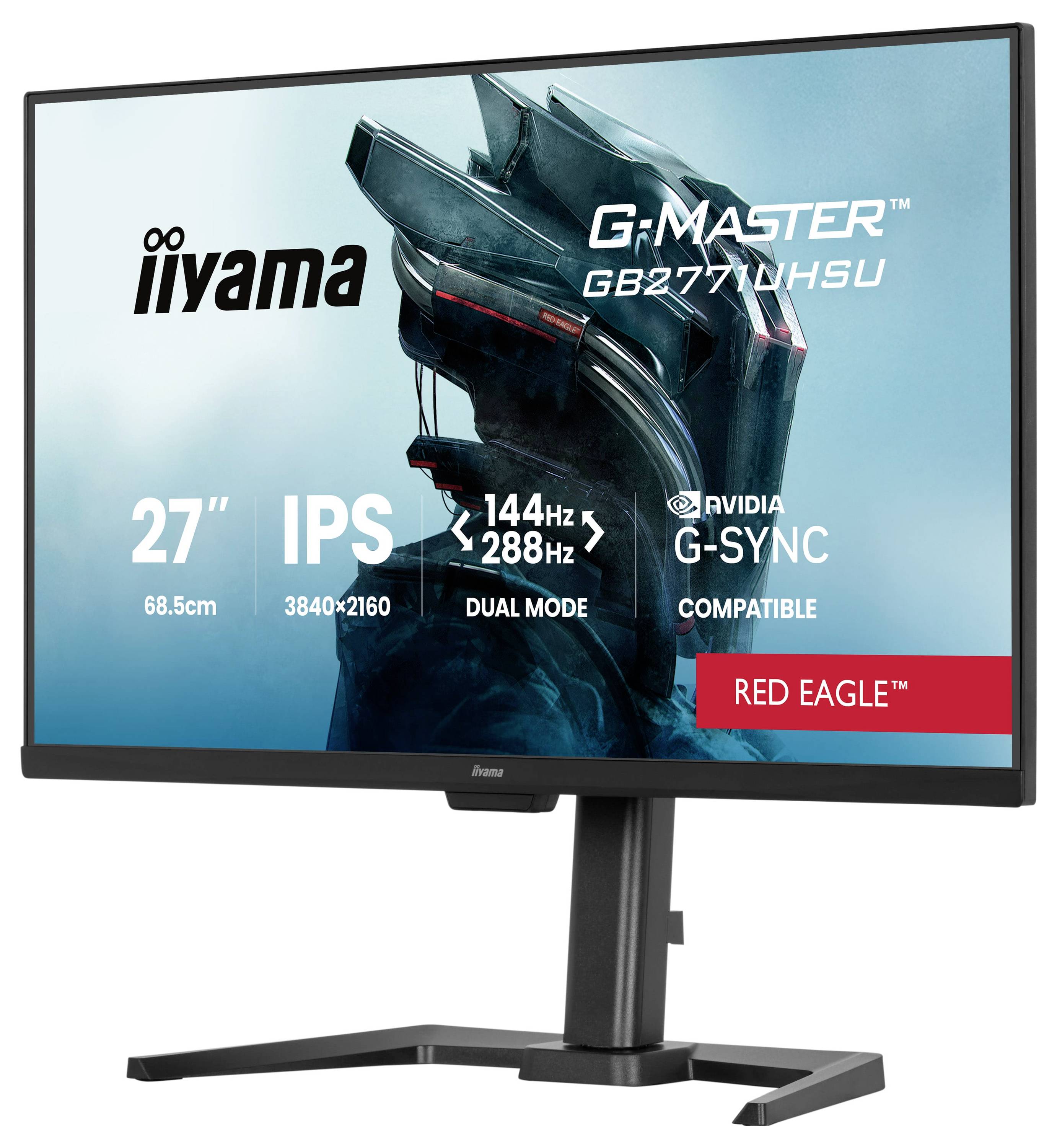Počítačový monitor zobrazujúci futuristický dizajn helmy s textom: "iiyama G-Master GB2770UHSU, 27" IPS, 144Hz, 3840x2160, G-SYNC kompatibilný".