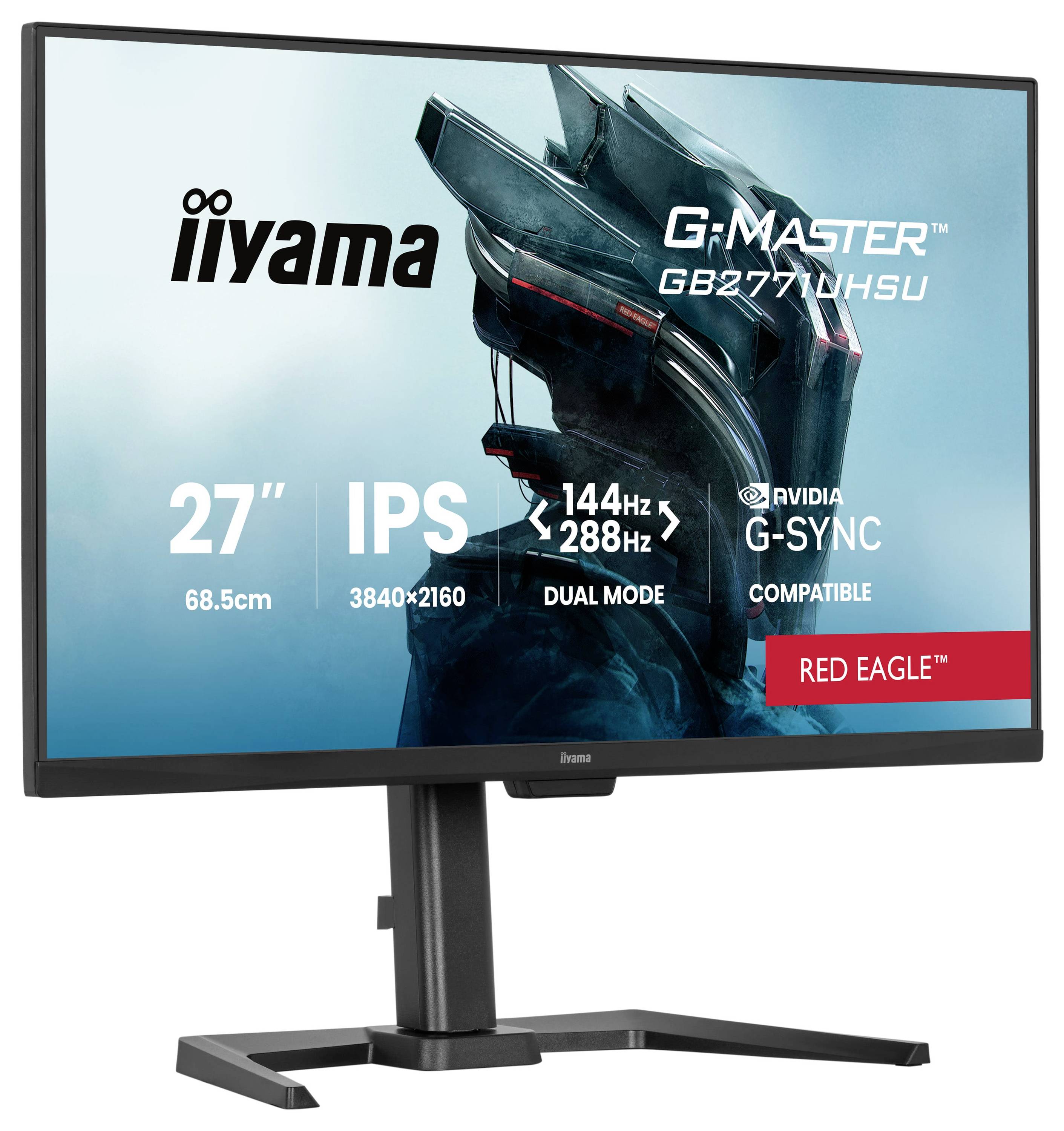 Monitor zobrazujúci 'iiyama G-Master GB2770QSU' s funkciami: 27-palcová obrazovka, IPS, rozlíšenie 3840x2160, obnovovacia frekvencia 144Hz, kompatibilný s NVIDIA G-SYNC.