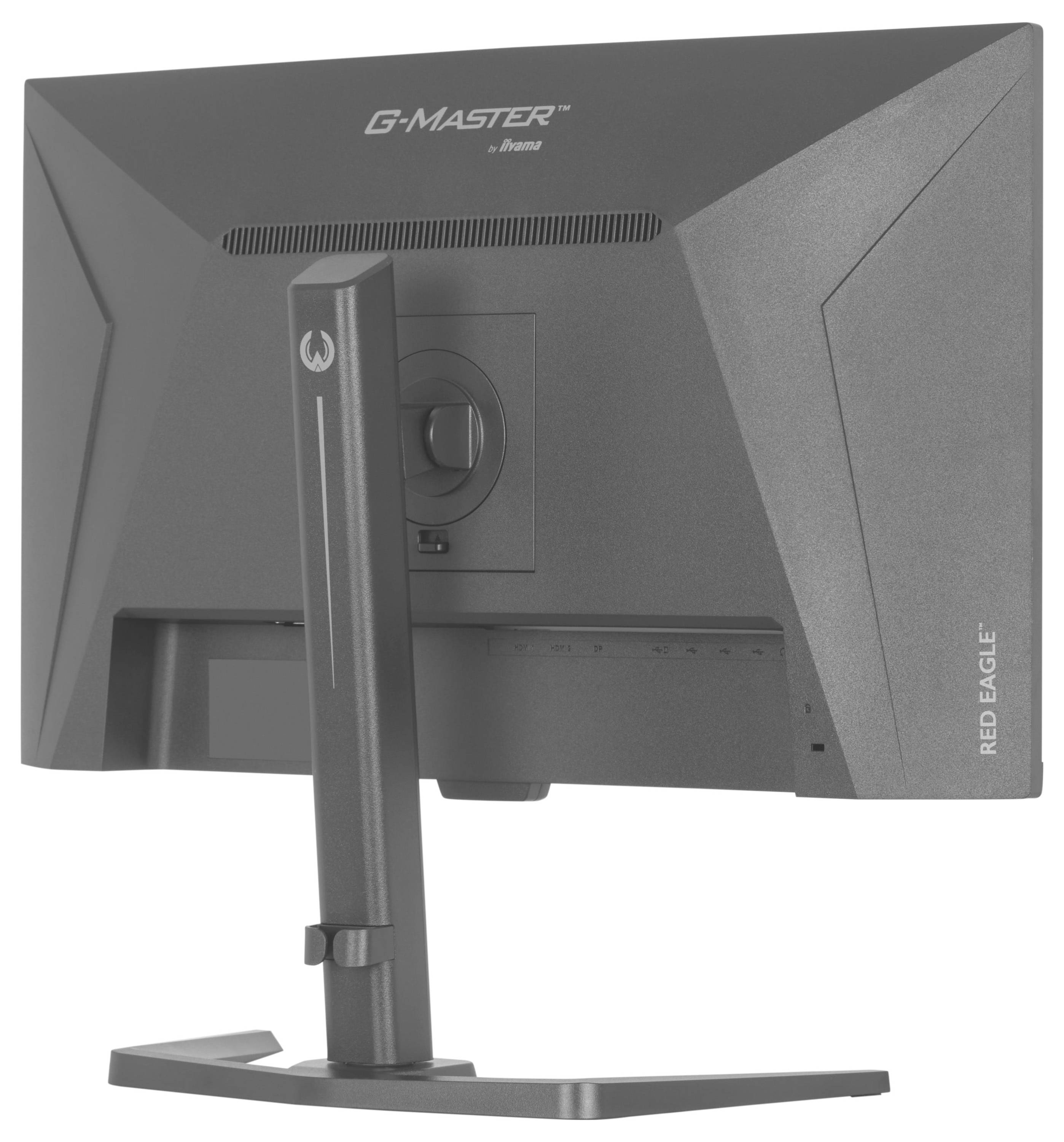 Monitor zobrazený zozadu s viditeľným stojanom a detailmi zadného dizajnu. Sú viditeľné značka „G-Master" a názov modelu „RED EAGLE".