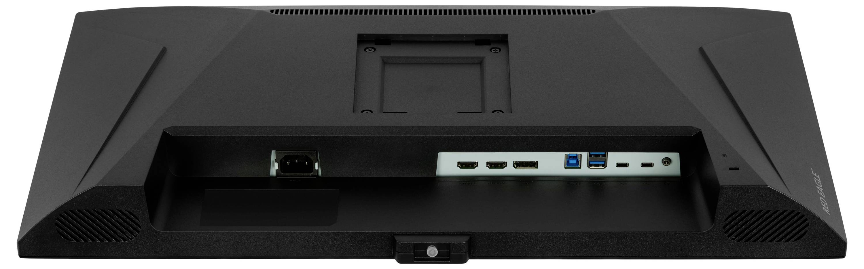 Obrázok ukazuje zadný panel čierneho počítačového monitora s rôznymi portami vrátane napájania, HDMI, USB a DisplayPort, usporiadanými v horizontálnej línii.