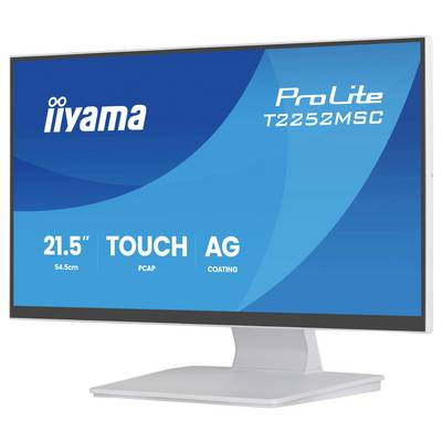 Počítačový monitor s nápisom "iiyama ProLite T2252MSC" na obrazovke, ktorý zobrazuje vlastnosti, ako je veľkosť 21,5 palca, dotykové ovládanie, PCAP a AG ochranný nátěr.