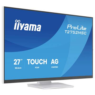 Dotykový monitor iiyama ProLite T2752MSC, 27 palcov, s technológiou PCAP a povlakom AG, zobrazený s logom a kľúčovými funkciami na obrazovke.