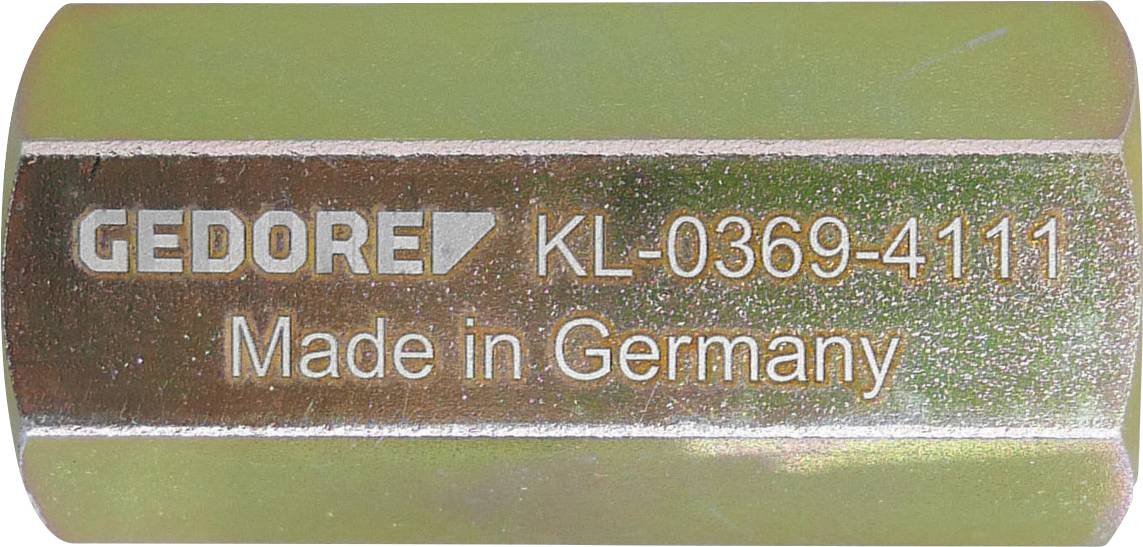 Nástroj so zásuvkou s gravírou značky 'GEDORE KL-0369-4111' spolu s nápisom 'Made in Germany'. Kovový povrch je reflexný.