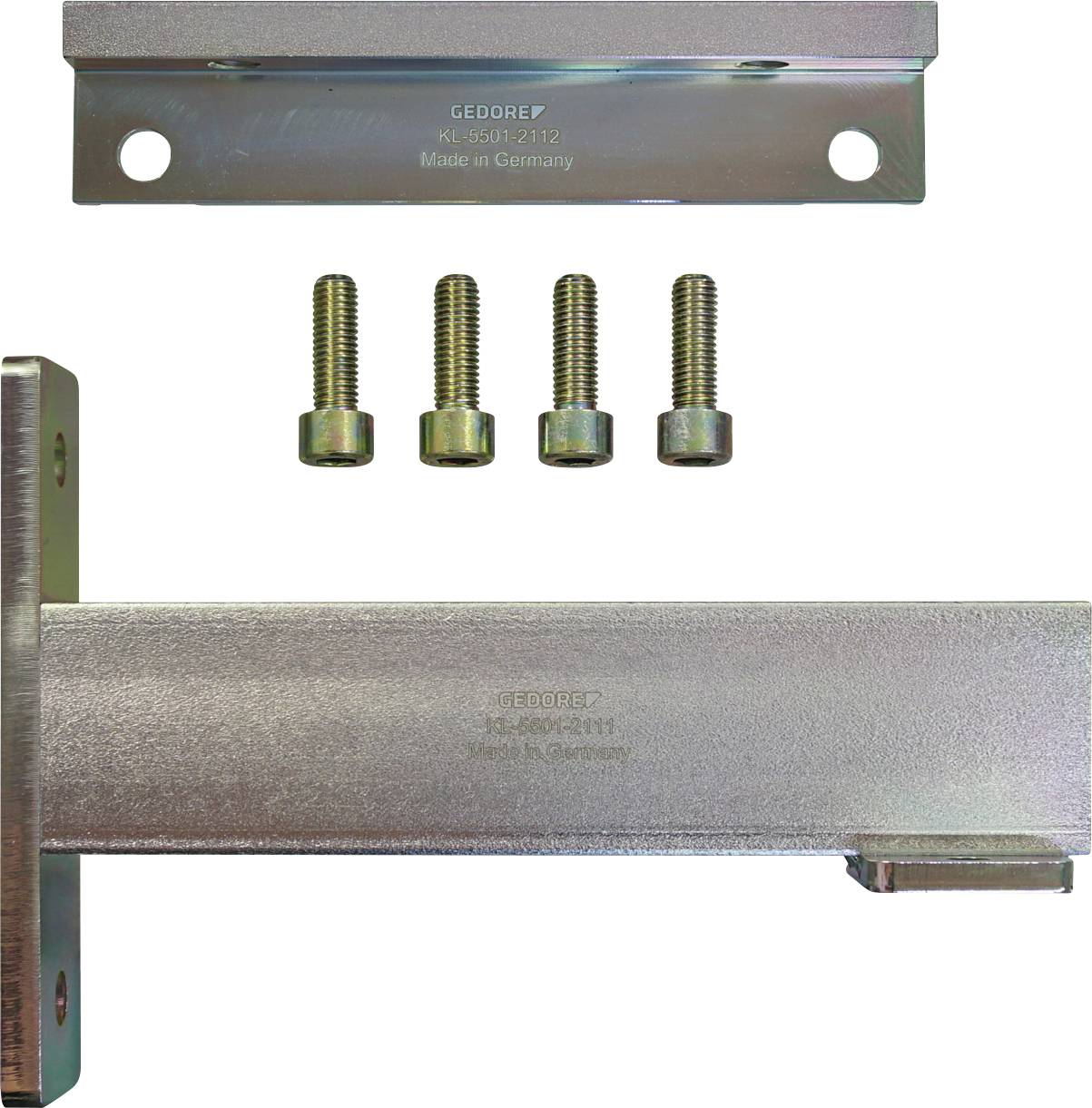 Kovový držiak nástrojov označený 'GEDORE K-L 55-1211/2 Made in Germany' so štyrmi priložený mi skrutkami zobrazenými vyššie.