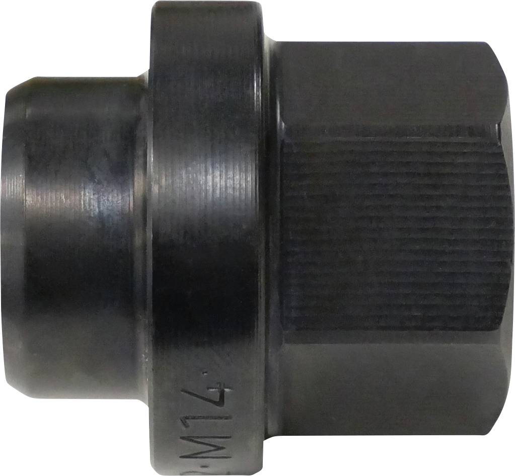 Kovová matica so šesťuholníkovým tvarom, označená na boku s „M14", používaná na zabezpečenie skrutiek v mechanických zostavách.