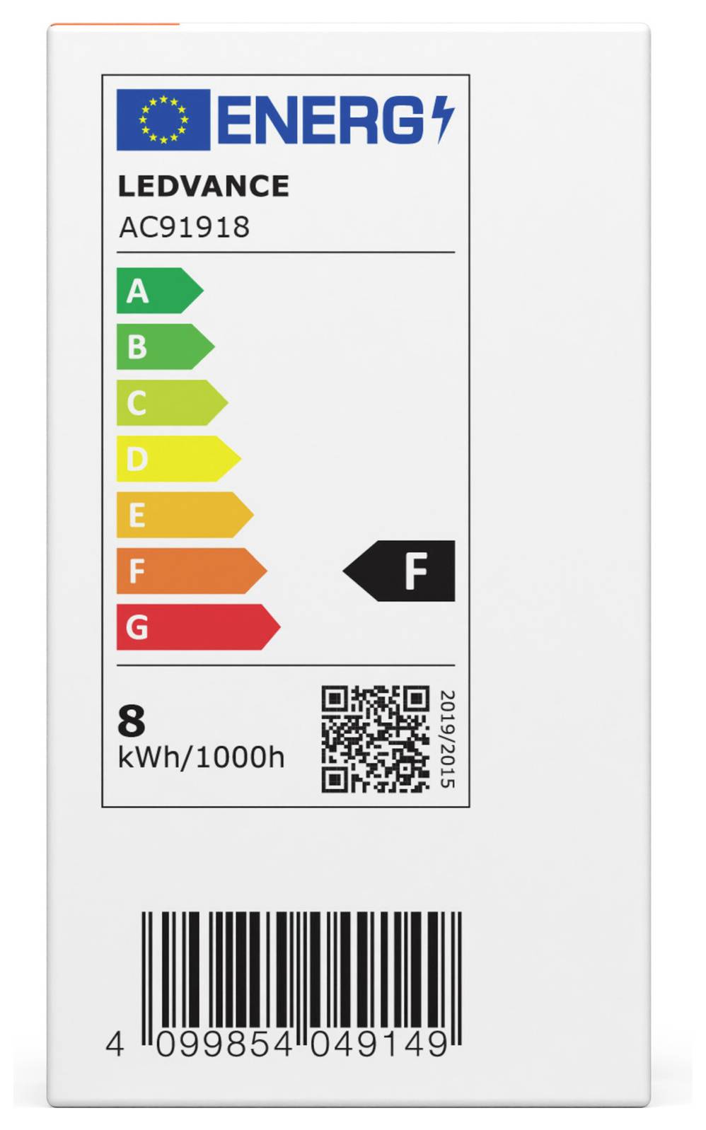 LEDVANCE balík žiarovky s EU energetickým štítkom s hodnotením F, 8 kWh/1000h, s čiarovým kódom a kódom produktu AC91918.