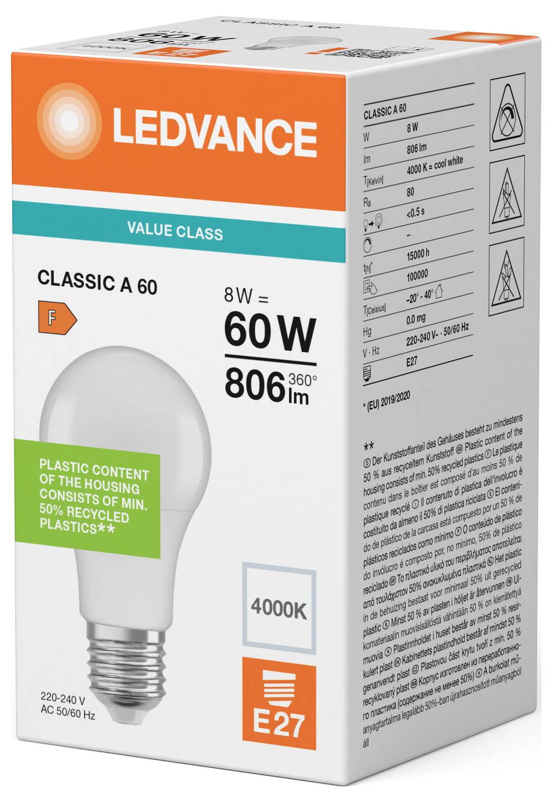 LEDVANCE VALUE CLASS žiarovka Classic A 60 LED, 8W, 806 lúmenov, 4000K, pätica E27, v balení z 50% recyklovaného plastu.