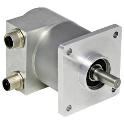Kovový rotačný enkodér s valcovitým telom, montážnou doskou a elektrickými konektormi na jednej strane. Používa sa na detekciu pohybu alebo riadenie.