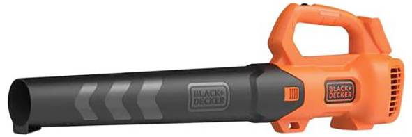 Oranžovo-čierny bezšnúrový foukač na listy so značkou "Black & Decker", s ergonomickou rukoväťou a zjednoteným hubicou.