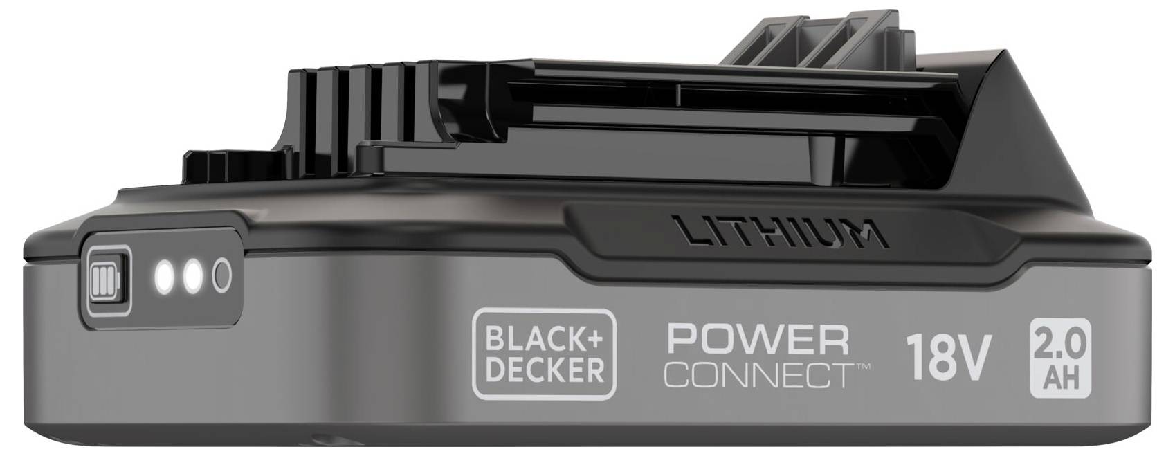 Batéria Black+Decker 18V 2.0 Ah s lítiom, systém Power Connect, indikátor nabíjania LED a kompaktný dizajn pre náradie.