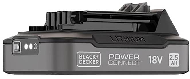 Black+Decker 18V 2,5Ah lítiová batéria s indikátormi výkonu a funkciou PowerConnect, navrhnutá pre bezdrôtové náradie.