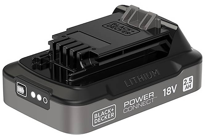 Black+Decker 18V 2.5Ah lítiumová batéria pre elektrické náradie s indikačnými svetielkami nabíjania na boku.