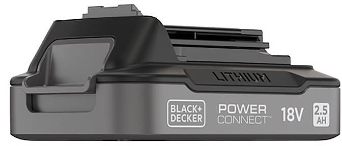 18V lithiová batéria označená "BLACK+DECKER POWER CONNECT 18V 2.5 AH", primárne používaná pre elektrické náradie a domáce zariadenia.