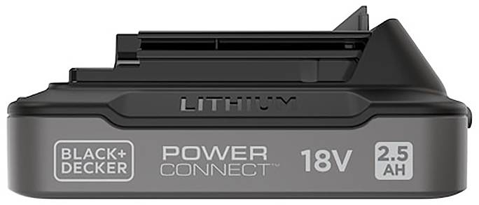 Bočný pohľad na ČIERNU+DECKER 18V, 2,5Ah lítiovú batériu, označenú „POWER CONNECT", zobrazujúci dizajn batérie a označenia špecifikácií.