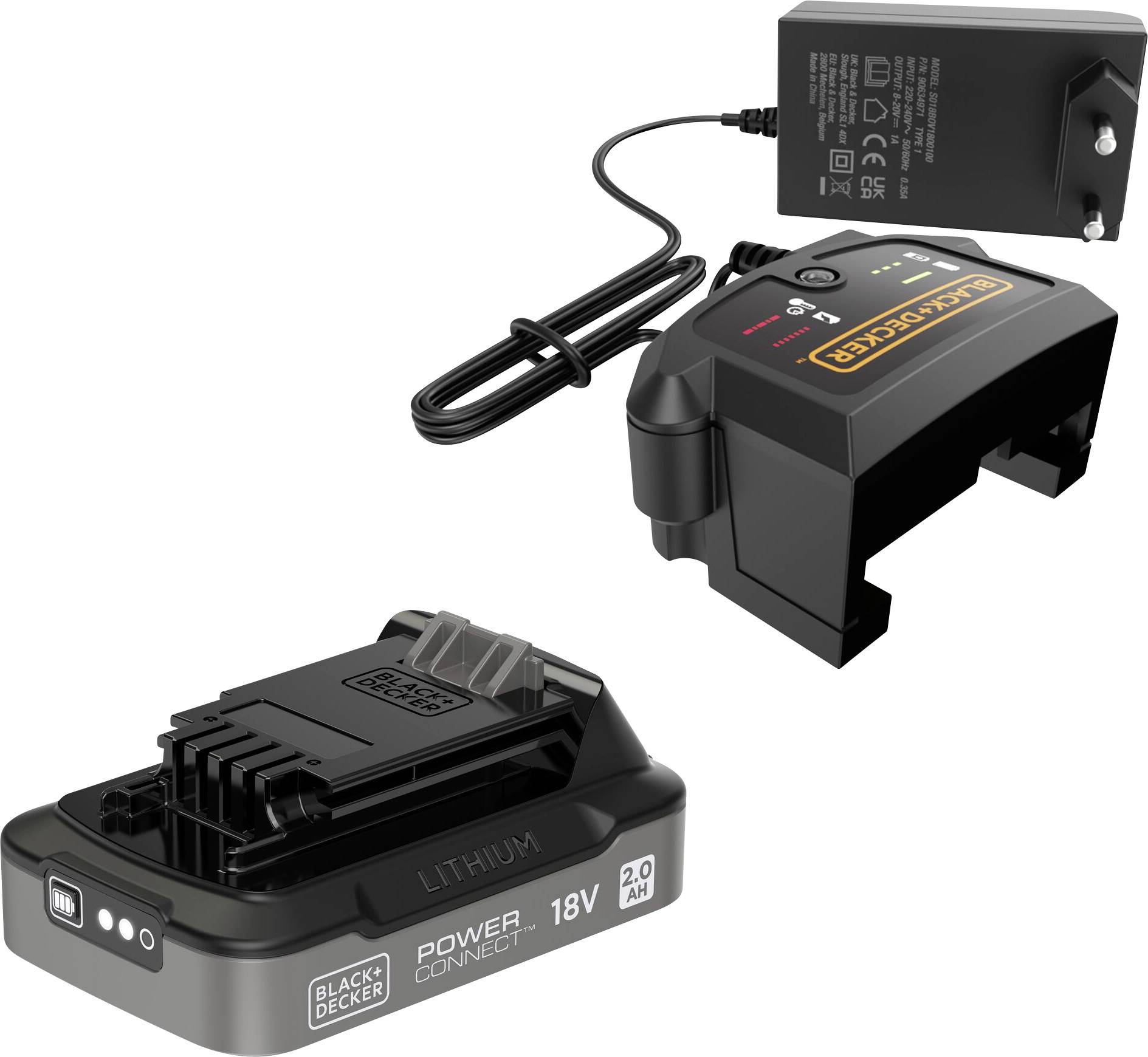 'Sada batérie Black+Decker 18V 2.0Ah s lítiom a nabíjačkou, spojené káblom, ukazujúca kompatibilitu systému batérií elektrických nástrojov.'