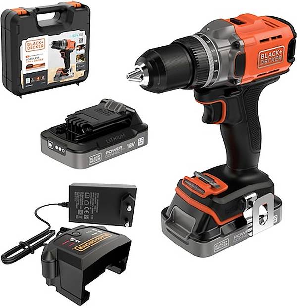 Black & Decker  aku vŕtací skrutkovač, 18 V, 2.0 Ah Li-Ion akumulátor vr. 2x aku, vr. nabíjačky, BCD382D2XK-QW