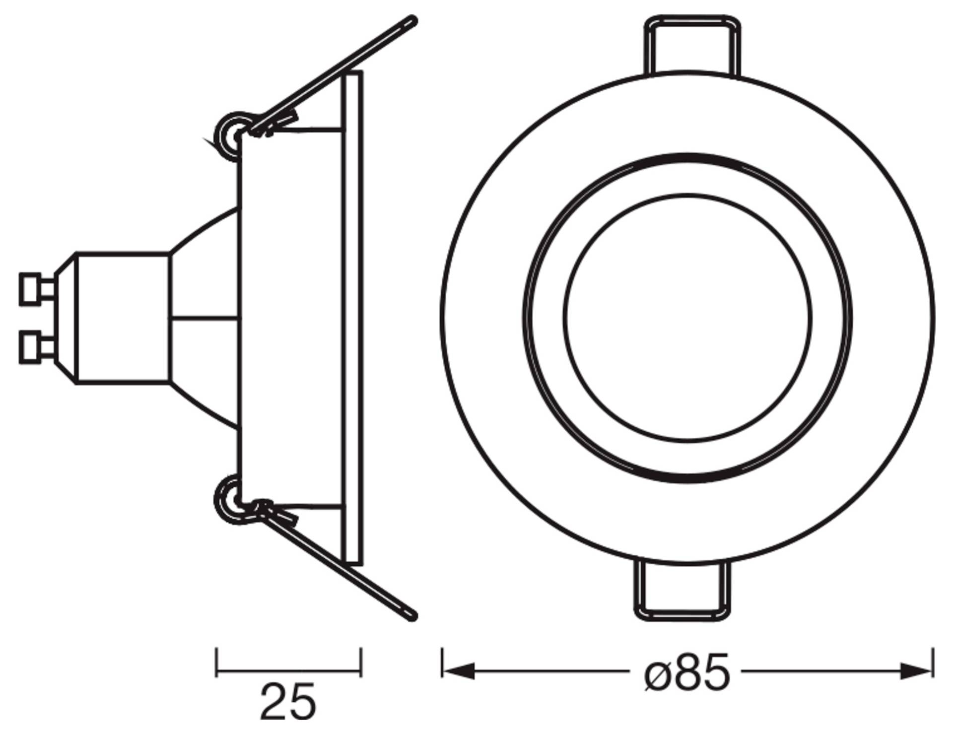 Diagram vreteného svetelného telesa s bočným a zhora pohľadom, znázorňujúci jeho rozmery: hĺbka 25 mm a priemer 85 mm.