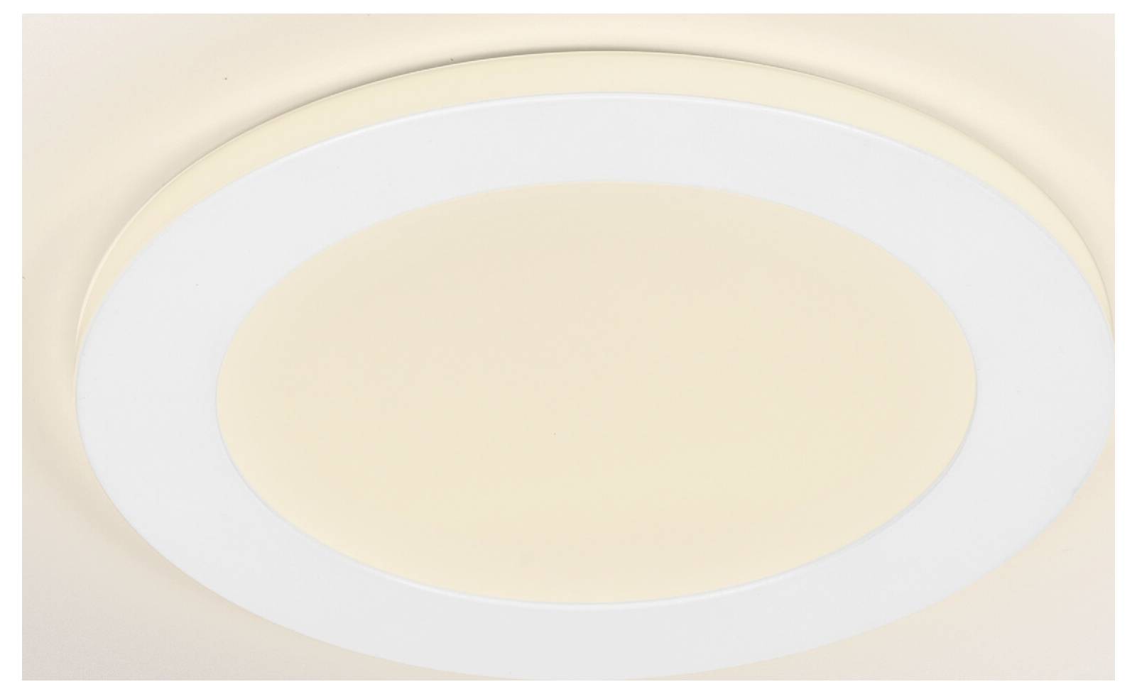 Kruhové LED stropné svetlo s bielym vonkajším krúžkom a teplým žiarivým stredom, namontované na béžovom strope.