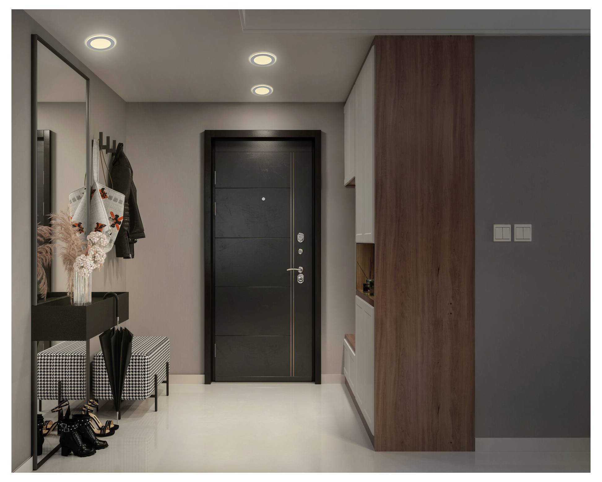 Moderný vstup s minimalistickým dizajnom obsahuje čierne dvere, nástenné háčiky s kabátmi, kockované úložné krabice a zrkadlové nástennými akcentmi.