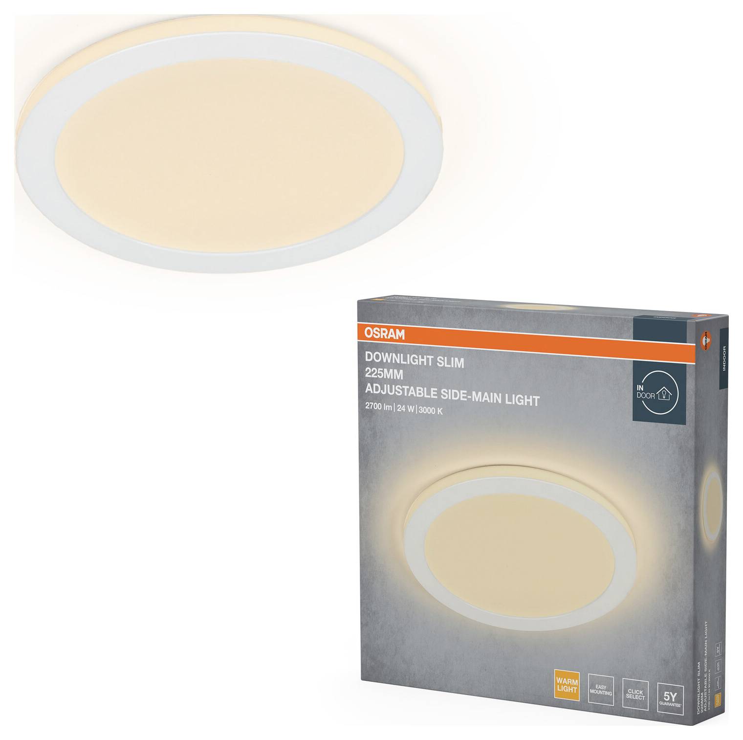 Stropné, okrúhle LED svietidlo značky OSRAM Downlight Slim s nastaviteľnými funkciami. Balenie zobrazuje návrh s teplým svetlom a špecifikácie produktu.