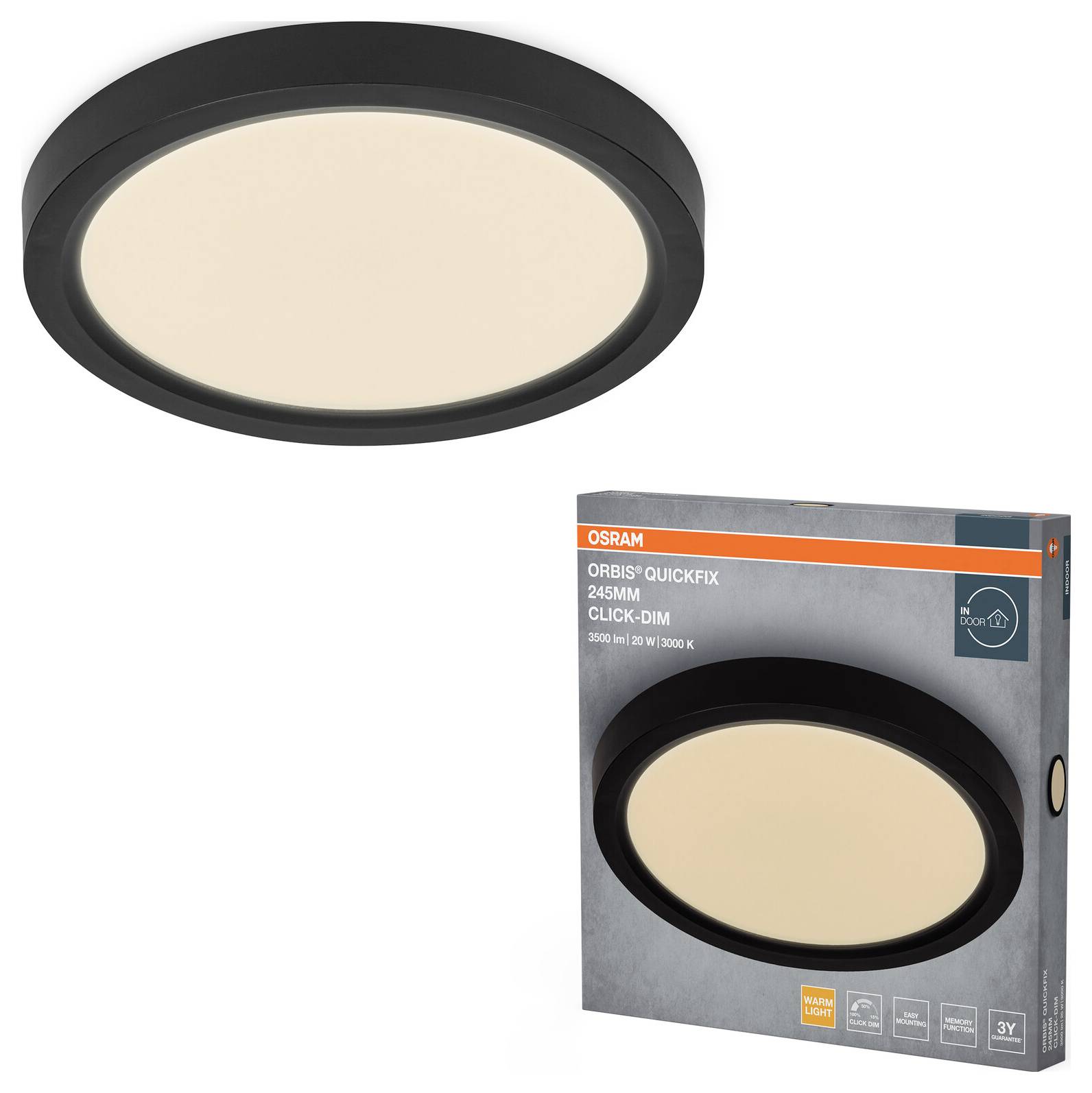 Okrúhle LED stropné svetlo a jeho maloobchodný box. Box je označený 'Osram Orbis Quickfix 24cm Click-Dim'.