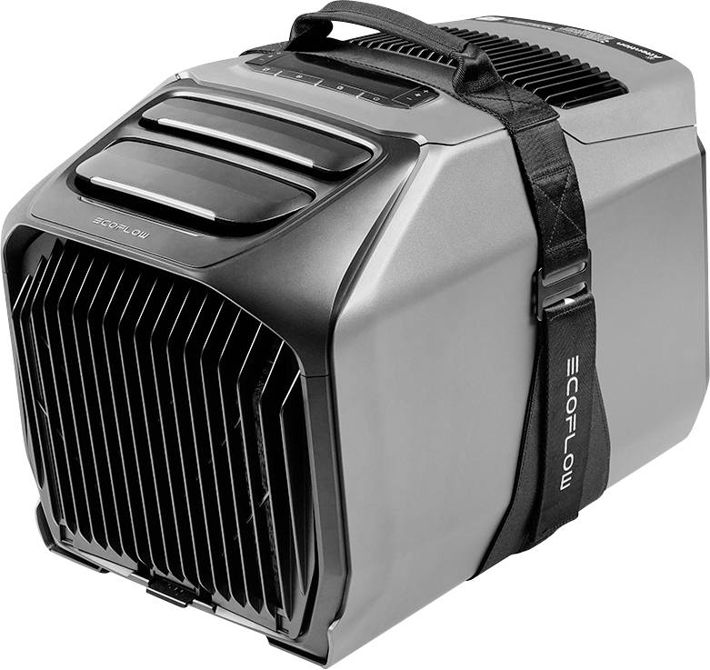 Prenosná klimatizačná jednotka s nosným popruhem označeným „ECOFLOW", s elegantným čiernym a sivým dizajnom.