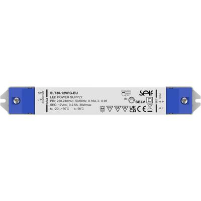 Zdroj energie pre LED „SLT30-12VFG-EU", špecifikácie: vstup 220-240V/0,16A, výstup 12V/2,5A, 30W max, symboly: CE, UKCA, RoHS.