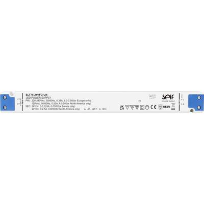 Obrázok zobrazuje LED zdroj napájania so špecifikáciami: Model SLT15-24VF-UN, vstup 220-240VAC, výstup 24V DC, certifikácie CE a TUV.