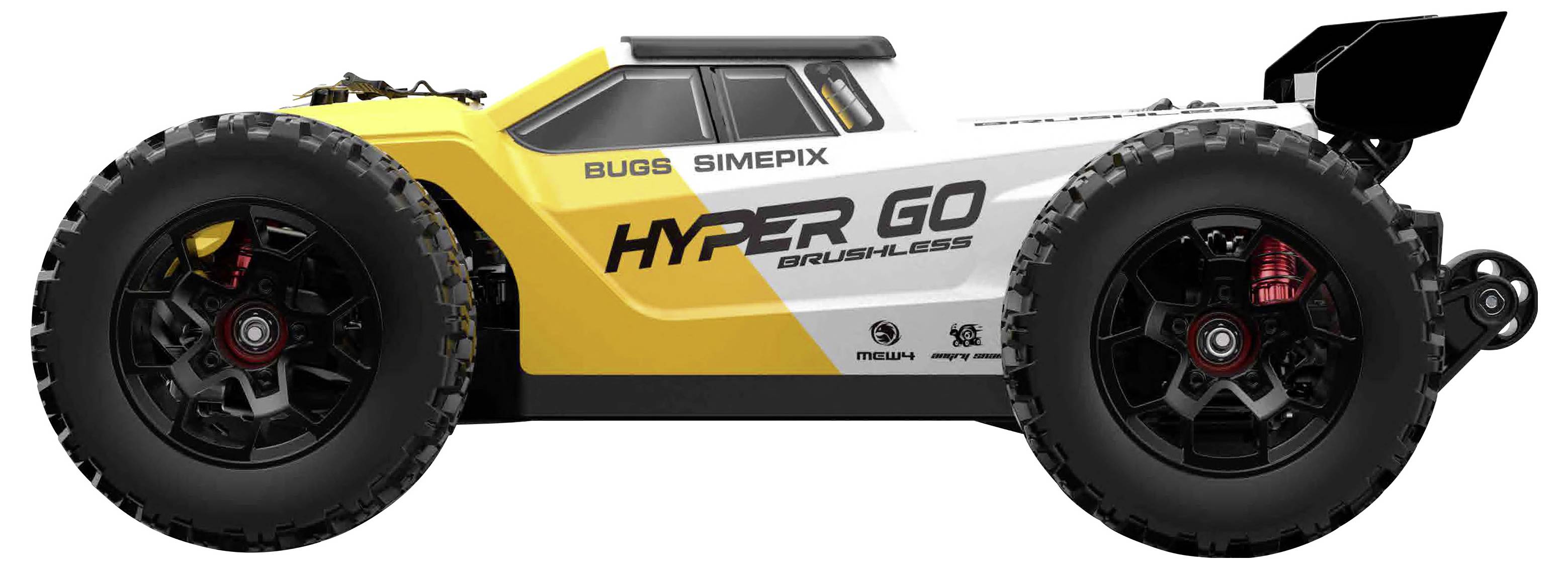 Bočný pohľad na žlto-biely diaľkovo ovládaný terénny buggy s označením „HYPER GO" a „BUGS SIMEPIX", s veľkými hrčavými pneumatikami a zadným krídlom.