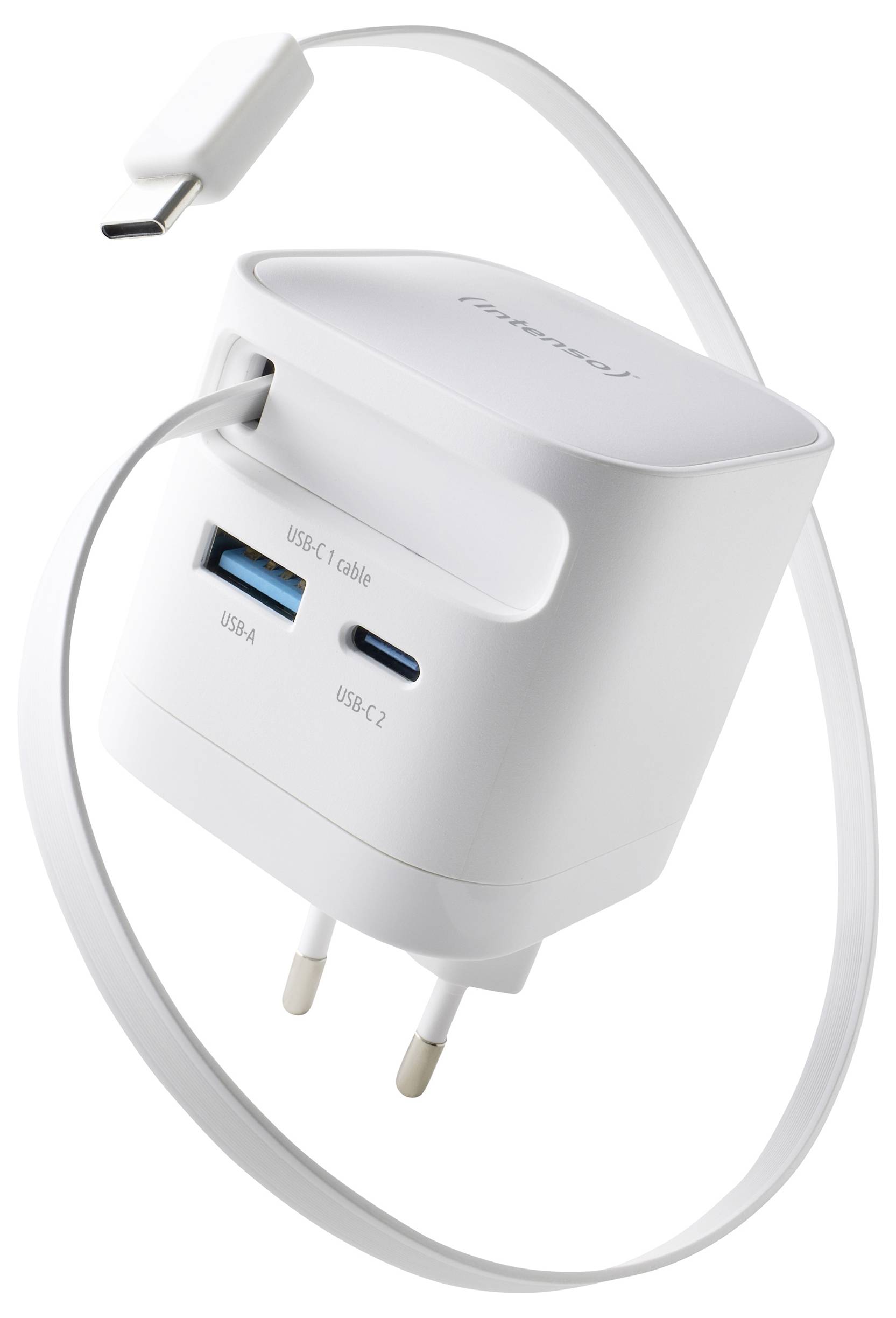 Biely nástenný nabíjací adaptér s portami USB-C a USB-A a pripojeným kablom USB-C.