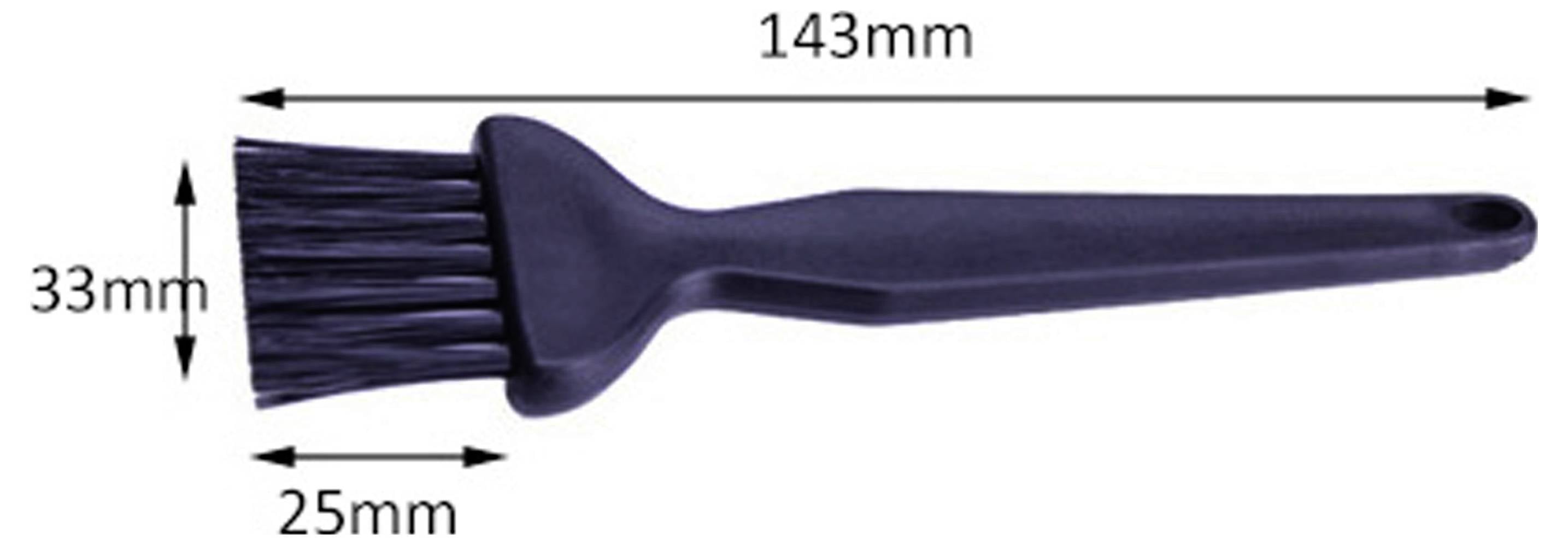 Čierna maľovacia kefa zobrazená v bočnom pohľade s označenými rozmermi: dĺžka 143 mm, šírka 33 mm a šírka hlavice kefe 25 mm.