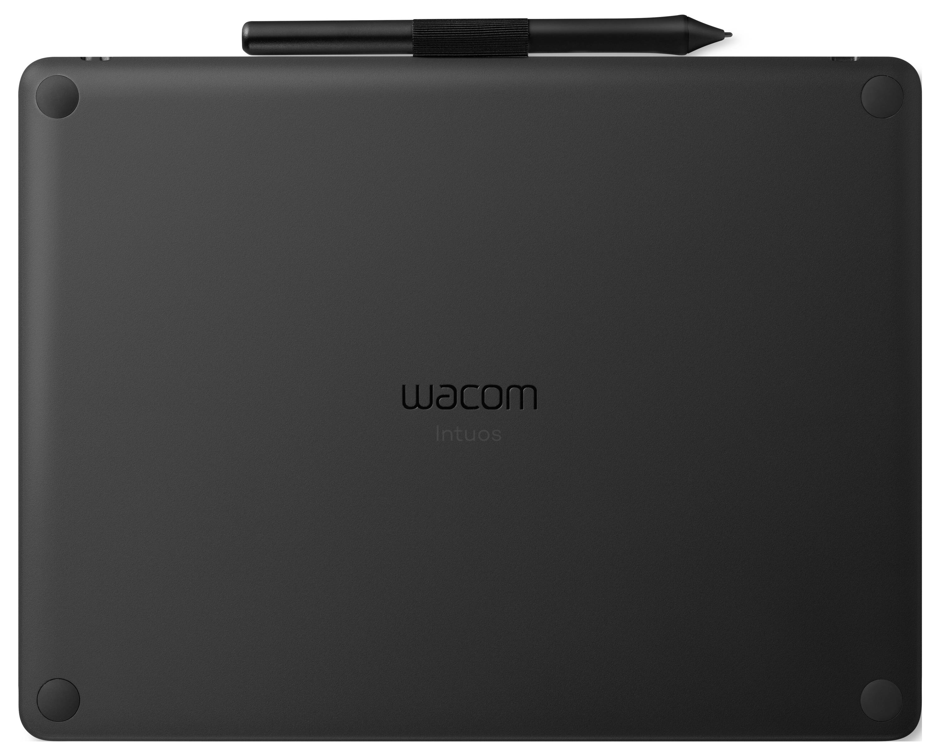 Čierny grafický tablet Wacom Intuos so stylom umiestnením na vrchu.