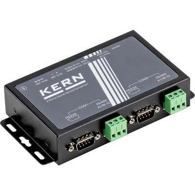 Čierne zariadenie označené „KERN 2 Ports Serial Device Converter" s viacerými konektormi pre komunikáciu RS232 a RS485.