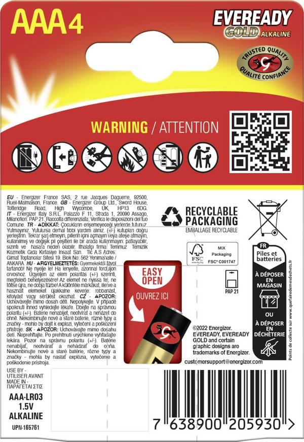 Eveready E304397101 mikrotužková batérie typu AAA  alkalicko-mangánová  1.5 V 4 ks