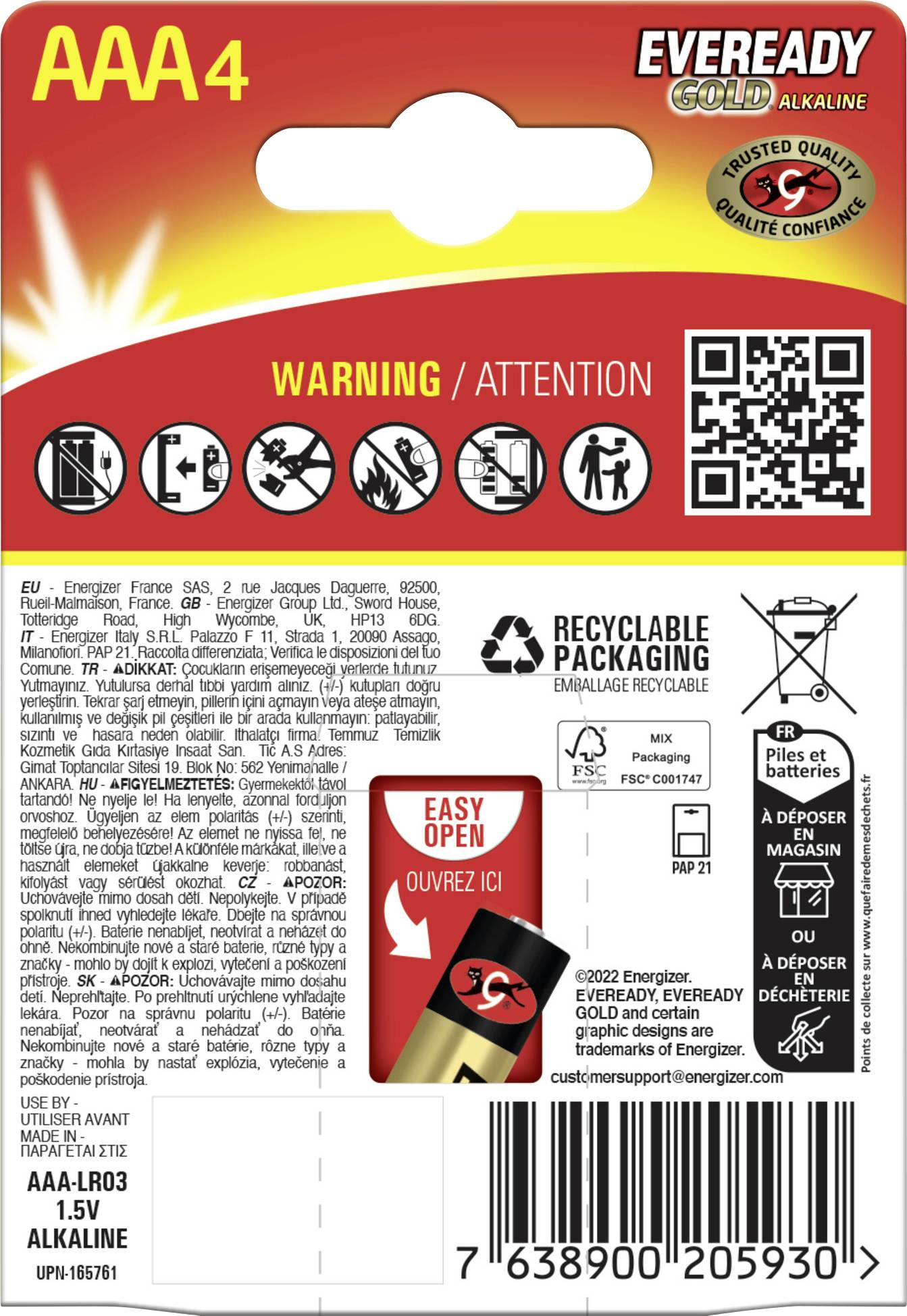 Zadná strana balenia Eveready Gold AAA alkalických batérií s bezpečnostnými upozorneniami, informáciami o recyklácii a QR kódom pre podrobnosti o produkte.