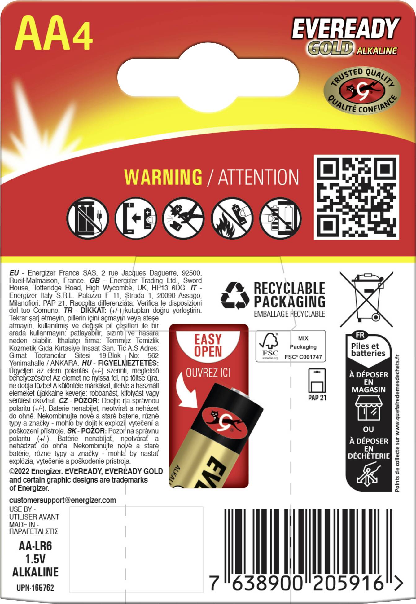 Balenie alkalických batérií Eveready Gold AA4. Medzi hlavné body patrí výstražné štítky, recyklovateľné balenie a pokyny na jednoduché otvorenie.