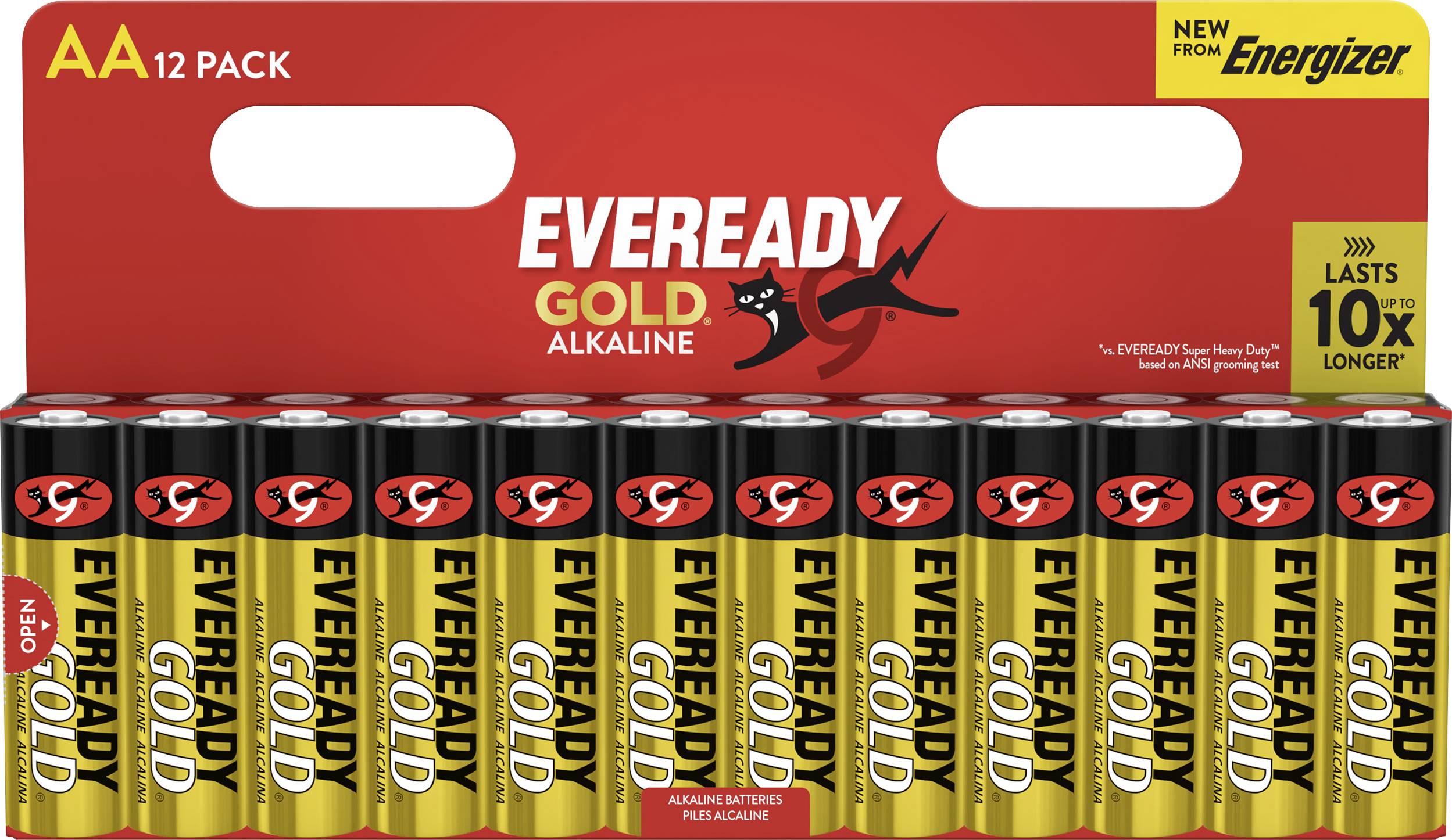 "AA 12-balení Eveready Gold alkalických batérií" s vlastnosťami "Vydrží 10-krát dlhšie" a označením "Nové od spoločnosti Energizer" na balení.