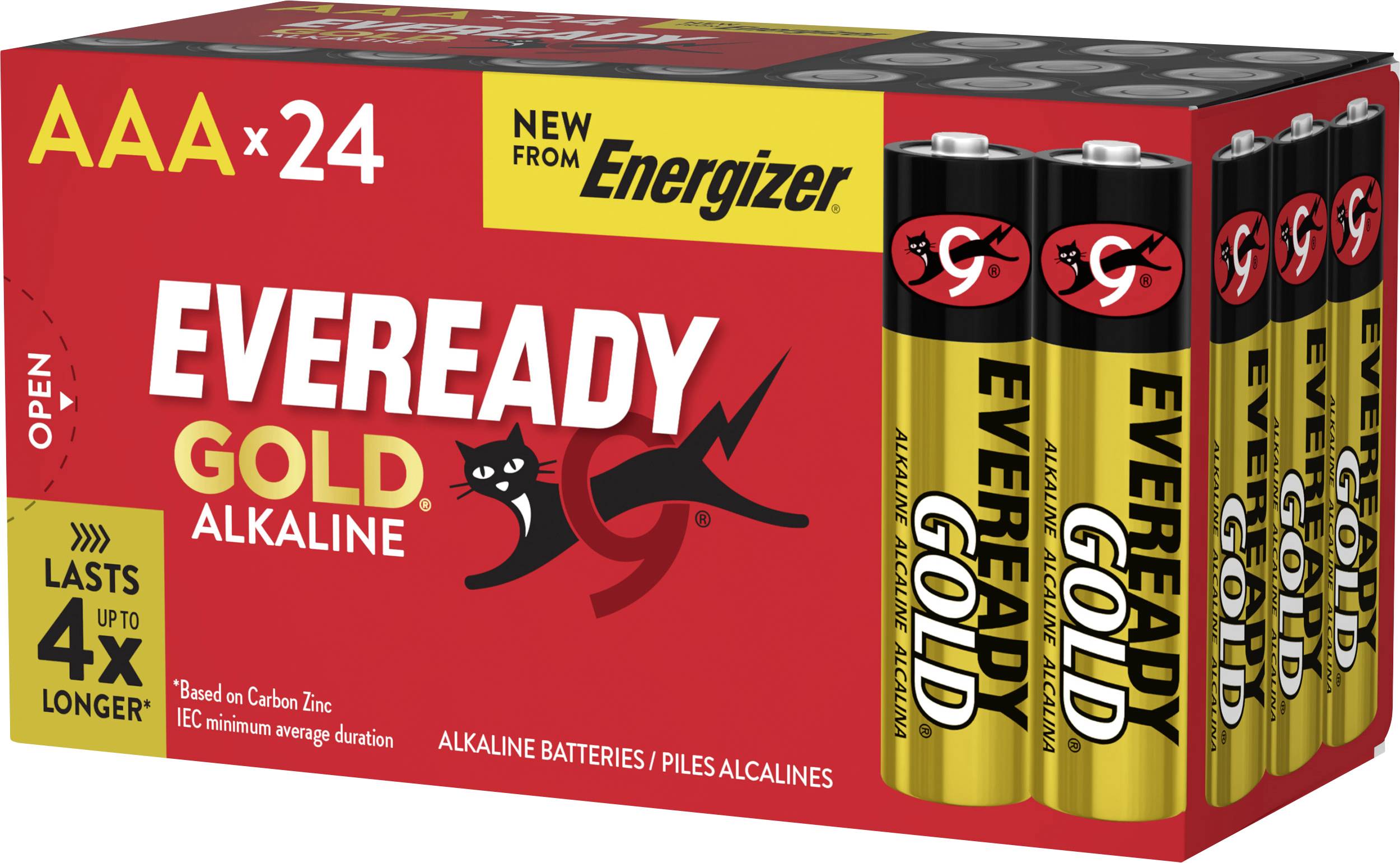 Batérie Eveready Gold Alkaline AAA, balenie s 24 kusmi, vydržia až 4x dlhšie. Novinka od Energizer. Balenie má grafiku bežiaceho mačka.