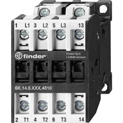 'Finder SpA relé' s označenými svorkami: L1, L2, L3, 13, 14. Horná časť má skrutky; čísla označujú zapojovací schémy.